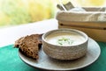 Clay bowl of Finnish salmon cream soup served with leek and croutons on green tablecloth background. Food background Royalty Free Stock Photo