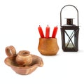 Clay candlestick, hand lantern and candle stubs isolated on white. Free space for text. Collage Royalty Free Stock Photo