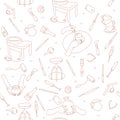 Clay crafting seamless pattern in doodle style.Pottery modeling and sculpture tools.Line art instruments. Ceramics workshop.