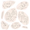 Clay crafting set in doodle style.Pottery modeling and sculpture tools.Outline instruments. Ceramics workshop banner.