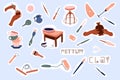 Clay crafting stickers collection. Pottery making, tools and instruments for workshop. Sculpture art and ceramics production. Royalty Free Stock Photo