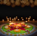 Clay diya lamps lit during diwali celebration, Diwali, or Dipawali, is India`s biggest and most important holiday