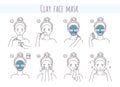 Clay face mask application and removal steps, vector illustration. Facial skin care routine, beauty procedure. Royalty Free Stock Photo