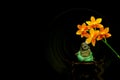 Laughing buddha figurine and orange orchid flowers Royalty Free Stock Photo