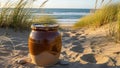 Clay Jar with Liquid on Sandy Beach with Ocean View and Dune Grass Backdrop Royalty Free Stock Photo