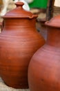 Clay jug brown large traditional container oil storage wine close-up Royalty Free Stock Photo