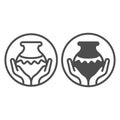 Clay jug with wave pattern in hands line and solid icon, pottery making concept. Vector graphics. Clay production bubble Royalty Free Stock Photo
