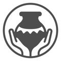 Clay jug with wave pattern in hands solid icon, pottery making concept. Vector graphics. Clay production bubble, fragile Royalty Free Stock Photo