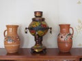 Clay jugs and samovar Royalty Free Stock Photo