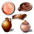 Clay jugs, utensils and fragment with floral ornament. Thematic five icons isolated. Vector in cartoon style