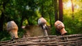 Clay jugs on a wicker fence against the backdrop of a green forest