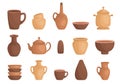 Clay kitchenware assortment set. Cup, mug, vessel, jug, plate, pot, vase, kettle, salt shaker.