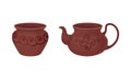 Clay Kitchenware and Ceramic Vessel with Pot and Tea Kettle Vector Set