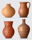 Clay kitchenware. Realistic handmade utensils pots kettles and cups decent vector templates of clay authentic products