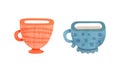 Clay Kitchenware Set, Ceramic Cups with Decorative Ornament Cartoon Vector Illustration