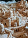 Clay model of a Byzantine city under siege by Ice Age elements, volunteers using a railgun in defense