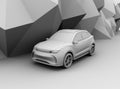 Clay model rendering electric SUV on geometric background