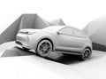 Clay model rendering electric SUV on geometric ground