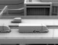 Clay model rendering of self-driving electric semi truck driving on highway