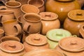 Clay mugs and pots, handmade, photo closeup