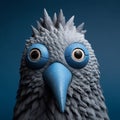 Grey Bird Figurine With Blue Eyes - Surrealistic Cartoon Style