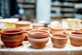 Clay pitchers at the pottery Royalty Free Stock Photo