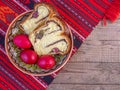 Clay plate with slices of traditional easter sweet bread or cozonac and red painted eggs, romanian easter tradition