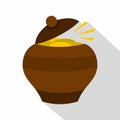 Clay pot full of gold coins icon, flat style