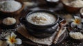 Clay pot with Kiribath on a rustic table, surrounded by coconut milk, rice, and frangipani flowers for Sinhalese New