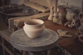 Clay pot on a potter`s wheel Royalty Free Stock Photo