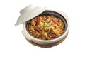 Clay pot rice with chicken sausage and abalone topping