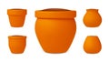 Clay pots 3d isolated set. Empty pot with ground for plants. House garden elements, realistic vector flowerpot clipart