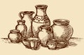 Clay pots of different sizes and shapes. Vector sketch Royalty Free Stock Photo