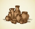 Clay pots of different sizes and shapes. Vector sketch