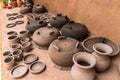 Clay pots drying in the sun in a craft workshop in La Paz Centro, Nicaragua. Concept of travel, culture and economy in