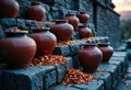 Clay pots filled with coins are arranged on stone steps, symbolizing wealth and Royalty Free Stock Photo
