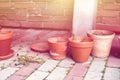 Clay pots on garden pavement.Gardening concept.High quality photo Royalty Free Stock Photo