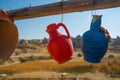 Clay pots on the tree. Rock churches and pigeon lofts. Sword valley, Goreme, Cappadocia, Anatolia, Turkey Royalty Free Stock Photo