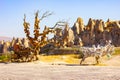 Clay pots on the tree. Rock churches and pigeon lofts. Sword valley, Goreme, Cappadocia, Anatolia, Turkey. Popular Royalty Free Stock Photo