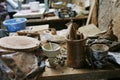 Clay potter work tools seen on a warehouse