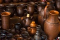 Clay pottery ceramic Products dry on shelf in workshop Royalty Free Stock Photo