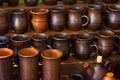 Clay pottery ceramic Products dry on shelf in workshop Royalty Free Stock Photo