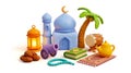 Clay Ramadan Elements: Mosque, Lantern, Dates & Prayer Essentials Royalty Free Stock Photo