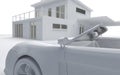 Clay render of car and house