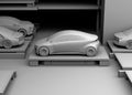 Clay rendering of automated guided vehicle carrying a car to parking space