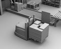 Clay rendering of autonomous forklift carrying pallet of goods in logistics center