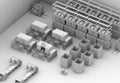 Clay rendering of dual-arm robot assembly motor coils in cell-production space. AGV, forklift and CNC machines at background