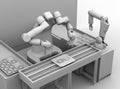 Clay rendering of dual-arm robot assembly printed circuit boards in cell-production space