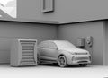 Clay rendering of electric powered SUV recharging in garage