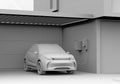 Clay rendering of electric powered SUV recharging in garage